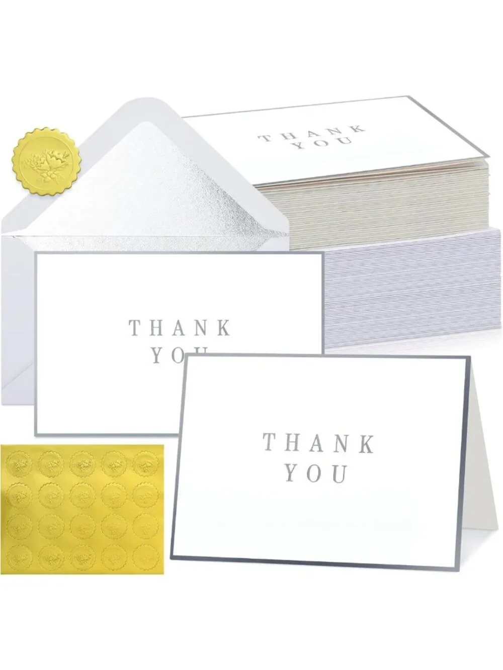 60 Thank You Cards with Envelopes & Stickers - Blank Silver Border Notes for